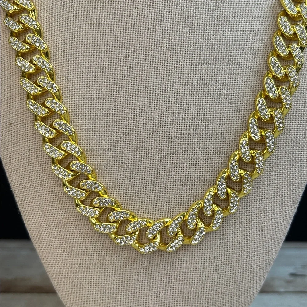 Stunning Gold Cuban Link Chain Necklace Adorned With Crystals